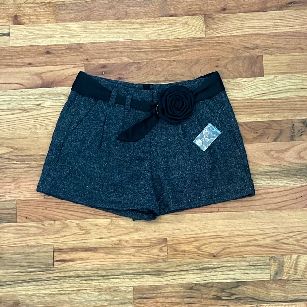 gray tweed dress shorts with flower belt detail